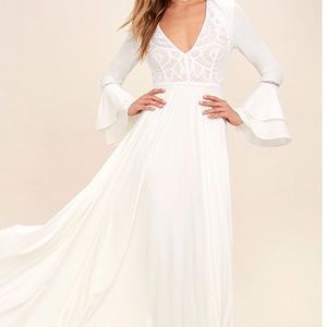 Lulu’s White Long Dress Lace Bell Sleeve, Size S